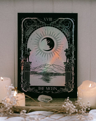 The Moon Tarot card in holographic silver foil.