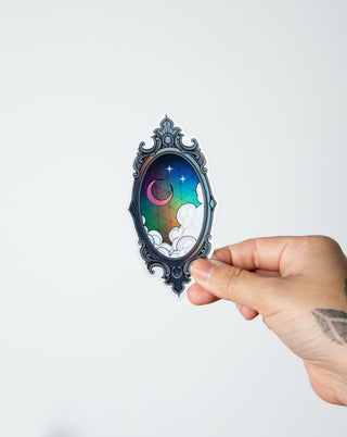 Holographic Moon Portal sticker in a vintage frame. Celestial vibes.