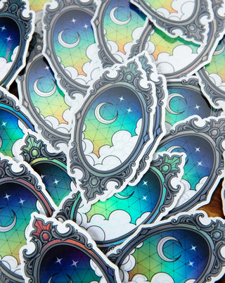 a bunch of magical moon, Night sky, holographic stickers on a table.