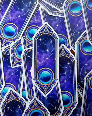 A bunch of stickers with star sign Aquarius constellation holographic stickers in purple and blue.