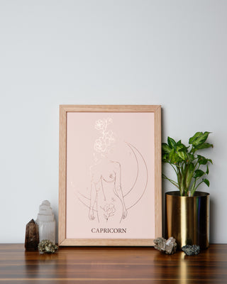 Framed artwork labeled Capricorn on a wooden surface with several crystals and a potted plant nearby