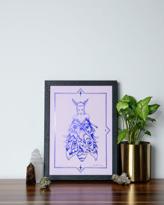 Moth girl art print in indigo for lovers of oddities and curiousities.