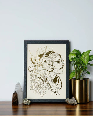 Artemis goddess of the hunt art print in gold foil on white card