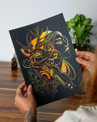 Artemis Greek goddess of the hunt and the moon foil art print in holographic gold on black card, wild feminine wall art handcrafted in Melbourne