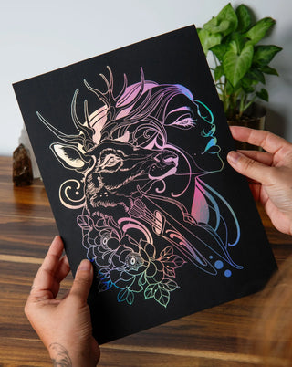 Artemis goddess of the hunt art print in holographic silver foil on black card