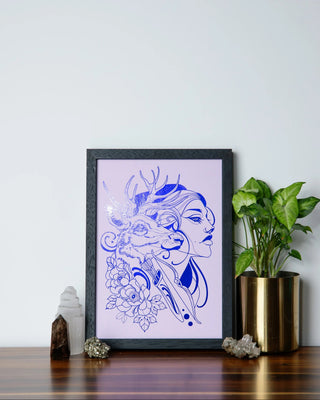 Artemis lunar goddess art print in indigo foil on purple card