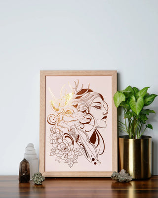 Artemis Greek goddess art print in pumpkin foil on peach card, guardian of the wild