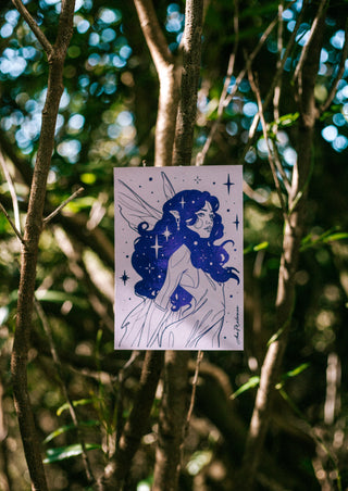 Illustration of a fairy with indigo hair hanging among trees