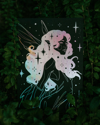 Fairy illustration with silver colors on a leafy background