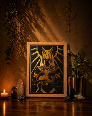 Framed artwork of a cat-like creature with solar symbols on a wooden surface, surrounded by candles and plants.