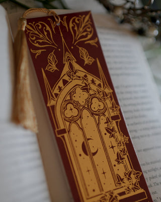 Decorative cathedral bookmark with intricate designs on an open book