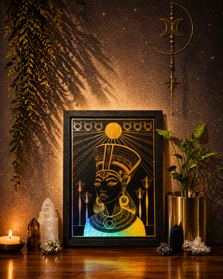 Decorative framed artwork of Cleopatra with a headdress on a wooden surface, surrounded by plants and candles.