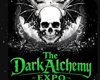 Logo for The Dark Alchemy Expo featuring a skull and bats with a dark background.