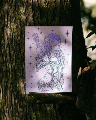 An illustration of a fairy with a bow and arrow on a tree trunk.
