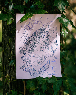 Illustration of a fairy with celestial elements in a forest setting