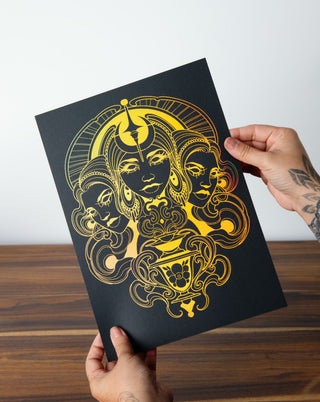 Hekate goddess of witchcraft foil art print handcrafted in Melbourne — moon magic and liminal worlds