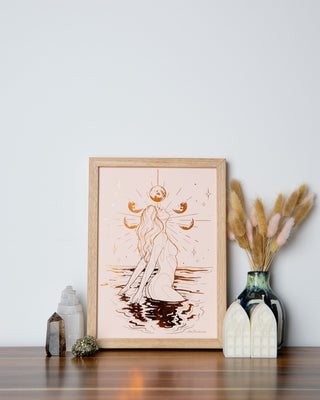 HER divine feminine foil art print in pumpkin foil on peach card, an ethereal figure part water, part moonlight, handcrafted in Melbourne