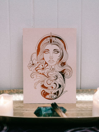 Hestia Goddess of Hearth and home art print surrounded by crystals and candles