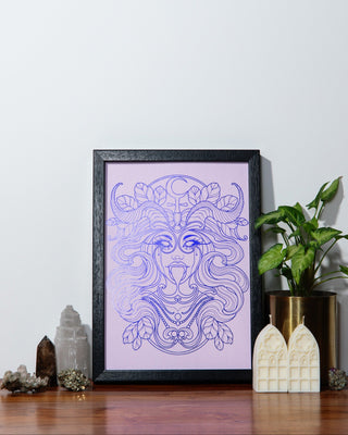 Lilith, Mother of Demons, art print in indigo foil on purple card