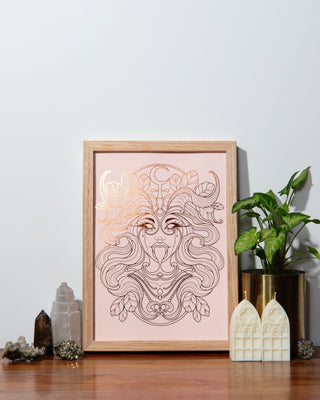 Lilith art print in pumpkin foil on peach card, shadow work and goddess wall art