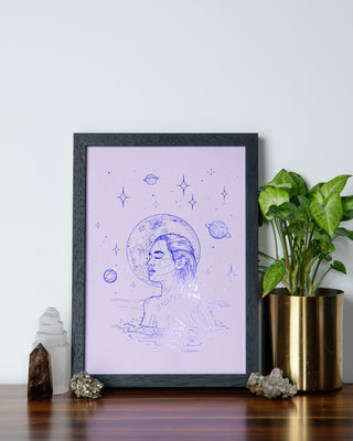 Moonlight Dip art print in indigo foil on purple card, a woman gliding through water beneath the stars
