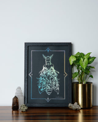 Moth Girl art print in holographic silver foil on black card, moth wings and transformation