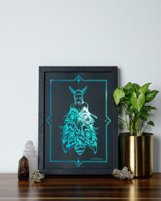 Moth Girl art print in holographic teal foil on black card, moth wings and transformation