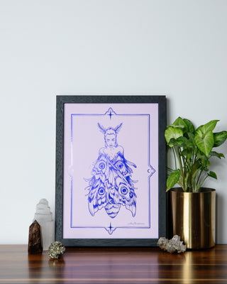 Moth Girl art print in indigo foil on purple card, a metamorphosis and transformation gift for lovers of oddities and curiosities, handcrafted in Melbourne