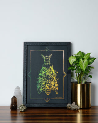 Moth Girl art print in holographic gold foil on black card, moth wings and transformation