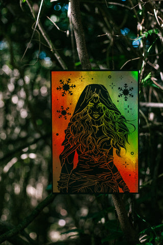 Colorful illustration of a hooded figure with a blurred natural background
