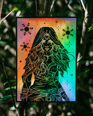 Colorful silhouette of a woman with long hair against a natural background