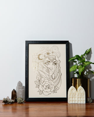 Nyx goddess of the night art print in gold foil on white card, stars, sleep and dreams