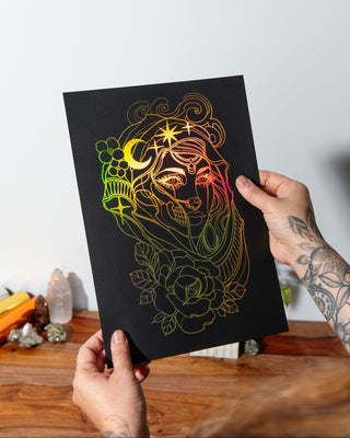 Nyx primordial Greek goddess of the night foil art print in holographic gold on black card, celestial wall art handcrafted in Melbourne