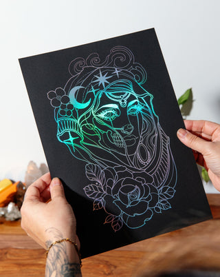 Nyx Greek goddess of the night art print in holographic silver foil on black card