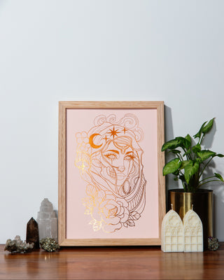 Nyx goddess of the night art print in pumpkin foil on peach card, a companion to Gaia