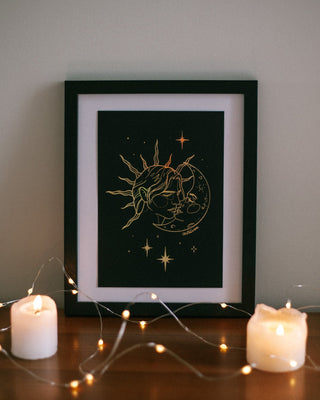 Once Upon A Kiss celestial art print in holographic gold foil on black card, pair with Once Upon A Moon