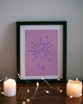 Once Upon A Kiss art print in indigo foil on purple card, a slow burn romance for your reading nook