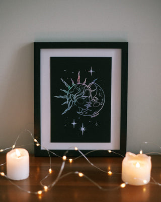 Once Upon A Kiss art print in holographic silver foil on black card, his devotion in silver and starlight