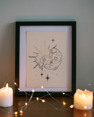 Once Upon A Moon foil art print in gold foil on cream card, a dreamer reaching for the moon, bookish romance wall art styled with candles and fairy lights