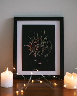 Once Upon A Moon celestial art print in holographic gold foil on black card, pair with Once Upon A Kiss
