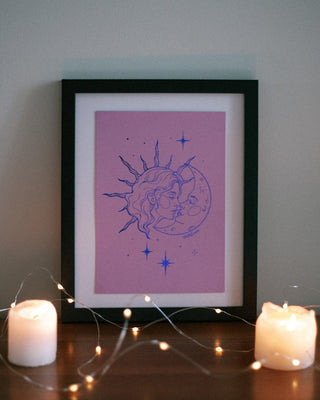Once Upon A Moon art print in indigo foil on purple card, moonlit romance for your reading nook