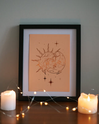 Once Upon A Moon art print in pumpkin foil on peach card, a tale of romance for book lovers