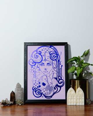 A print of Persephone, the Greek goddess of death and spring, with a purple background and indigo foil details.