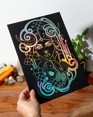 A print of Persephone, the Greek goddess of death and spring, with a black background and silver holographic details.