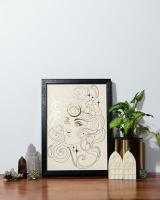 Selene goddess of the moon art print in gold foil on white card