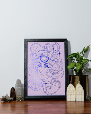 Selene goddess of the moon art print in indigo foil on purple card, daughter of Theia