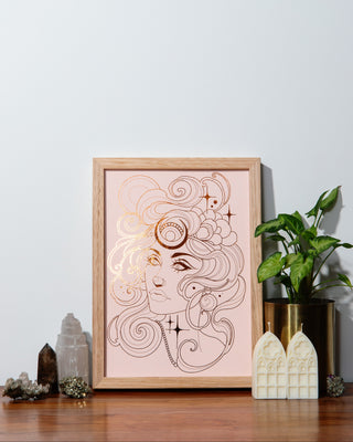 Selene full moon goddess art print in pumpkin foil on peach card, a gift for moon lovers