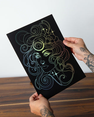 Selene Greek goddess art print in holographic silver foil on black card, moon magic wall art