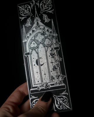 Cathedral of shadow bookmark in silver foil and black card