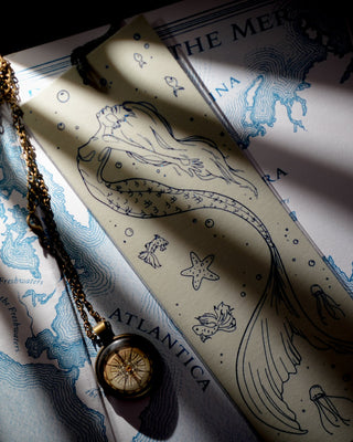 Vintage compass on a map with 'Antarctica' labeled and mermaid bookmark.